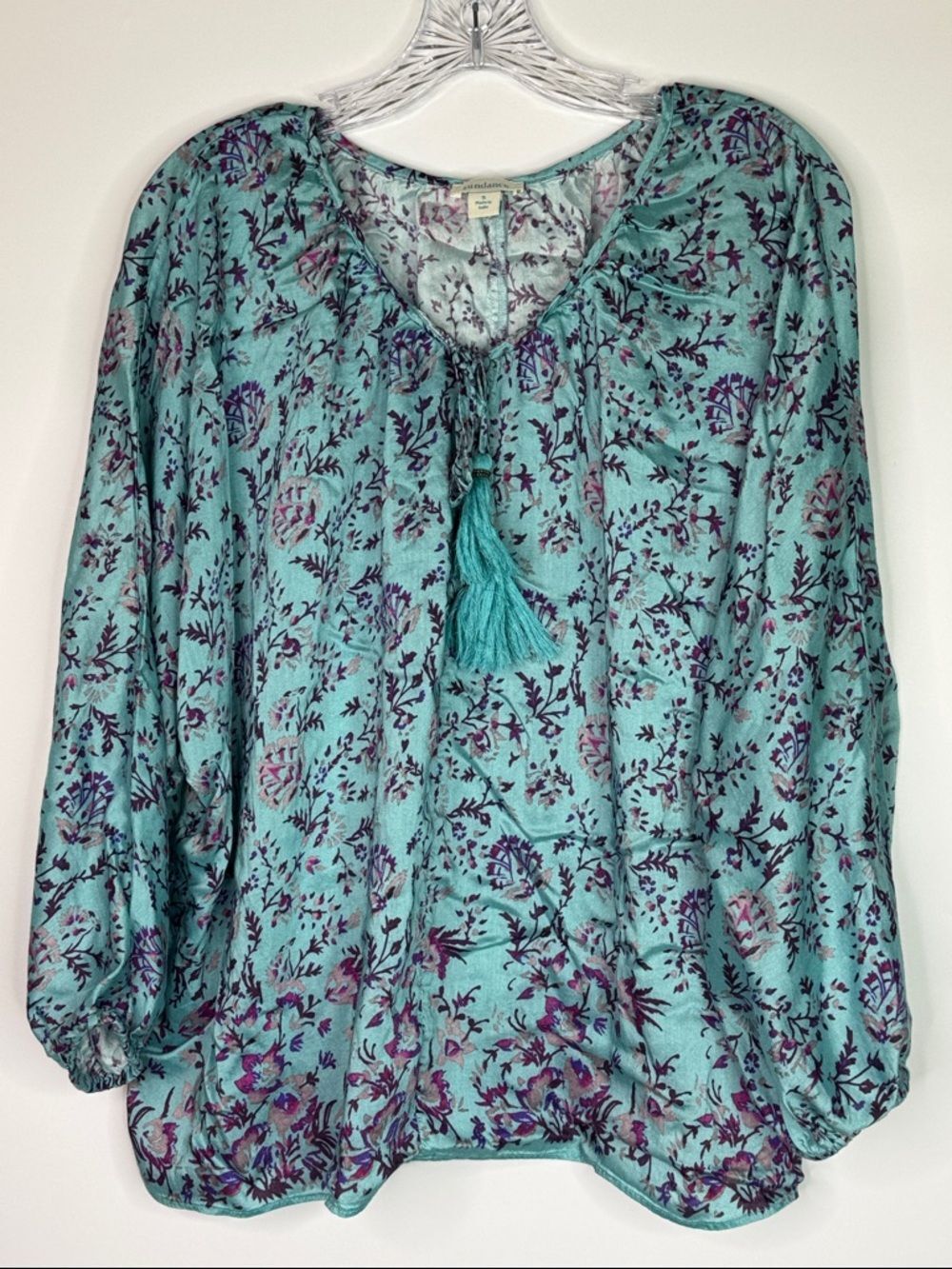 Sundance Arielle Floral Modal Silk Blue Floral Peasant Blouse Size Small